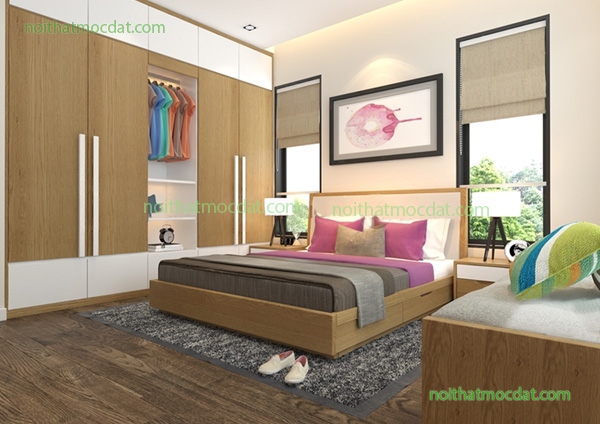 Thiết kế phòng ngủ đơn giản với nội thất gỗ óc chó